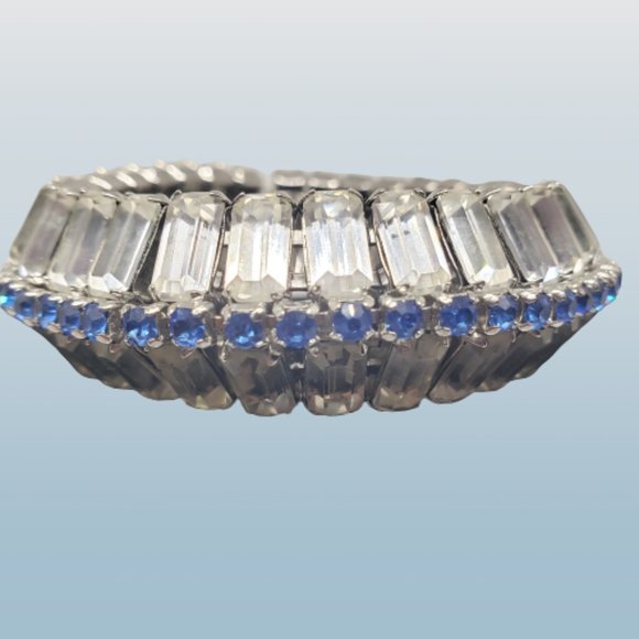 Vintage Cubic Zirconia Silver with Blue Cuff Bracelet - Picture 2 of 10